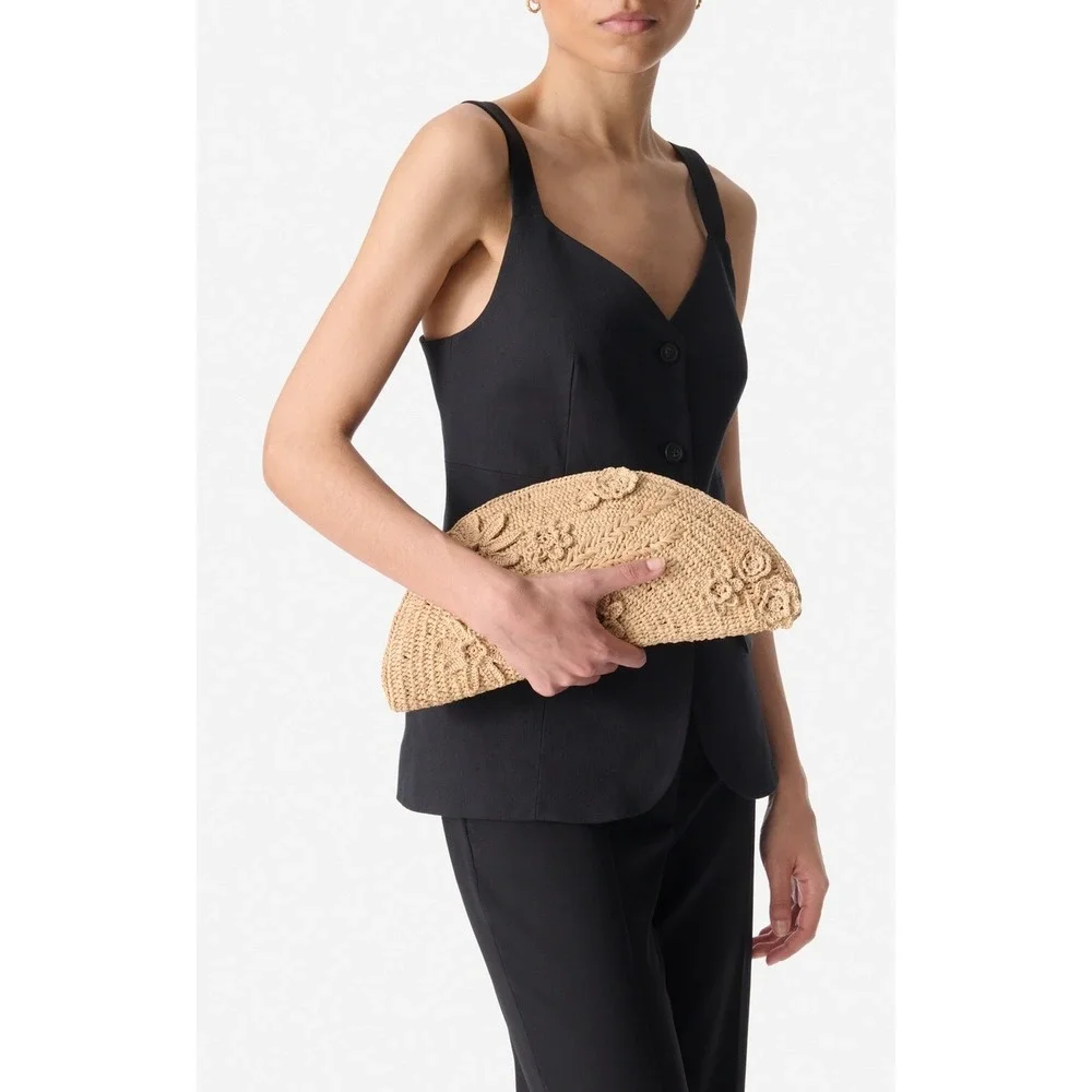 Vanessa Bruno Raffia Floral Half-Moon Clutch Bag Natural Beige - Picture 2 of 11